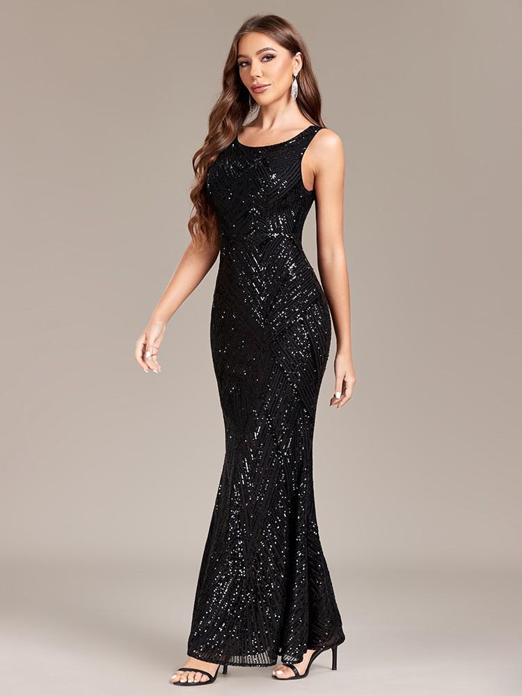 

Women s Rose Gold Sequin Mermaid Evening Gown, Sleeveless Round Neck, 2026 Collection XXXL чорний