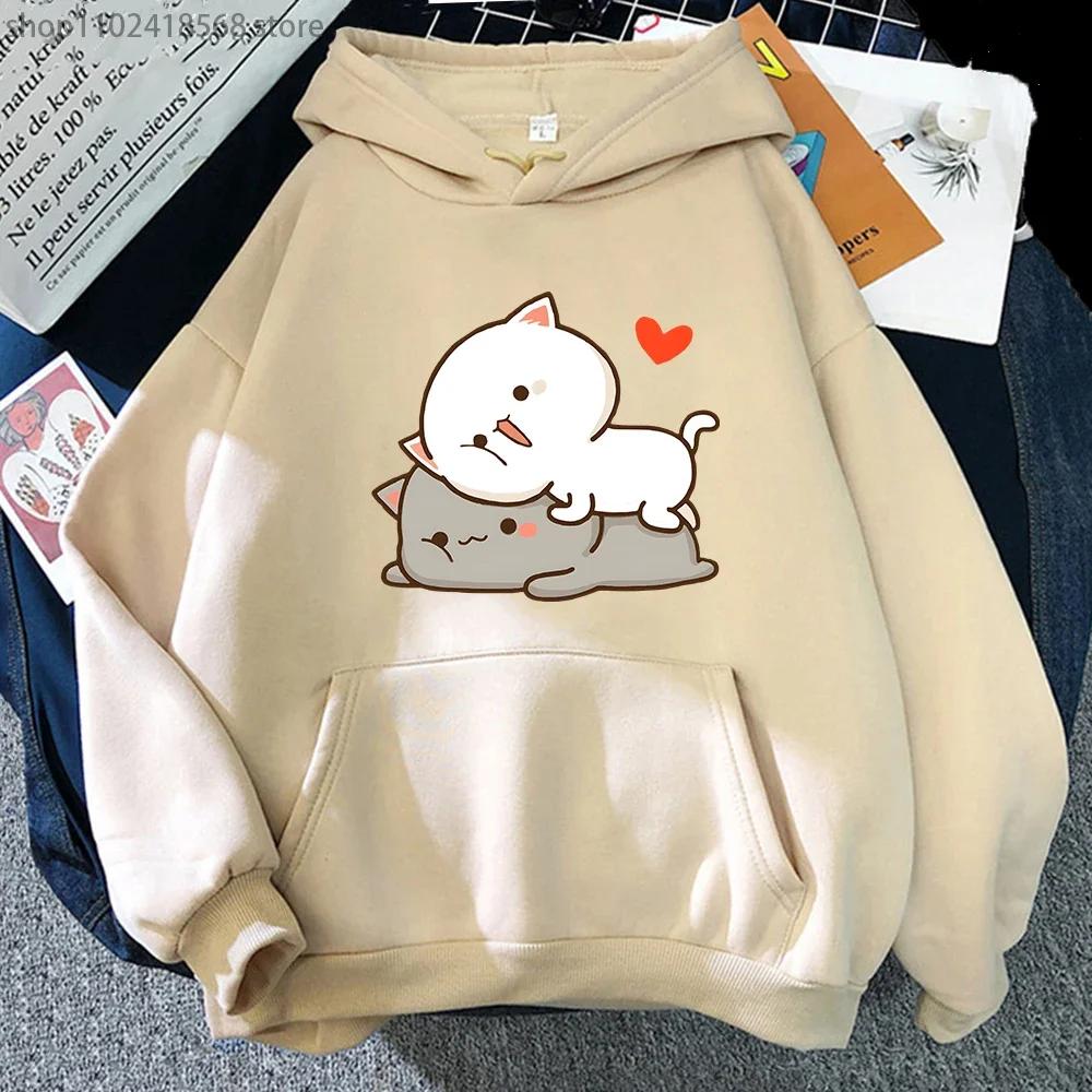 Peach Cat Print Hoodie Kawaii Cartoon Goma Mochi Sweatshirt Women's Clothing Femme Korean Style Streetwear Men Hoody