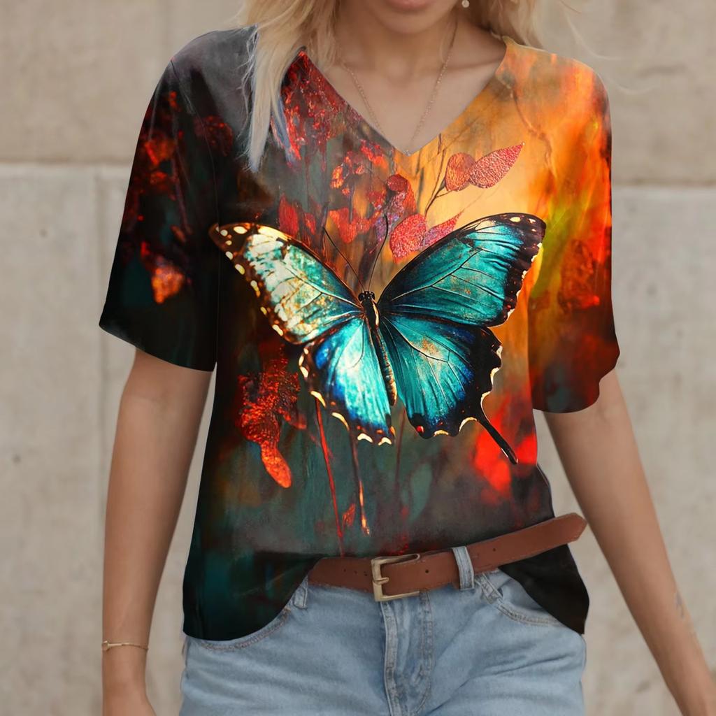 V Neck T Shirt 3d Printed Tees Women Short Sleeve Tops Casual Stretch Breathable Floral T-shirts Plus Size