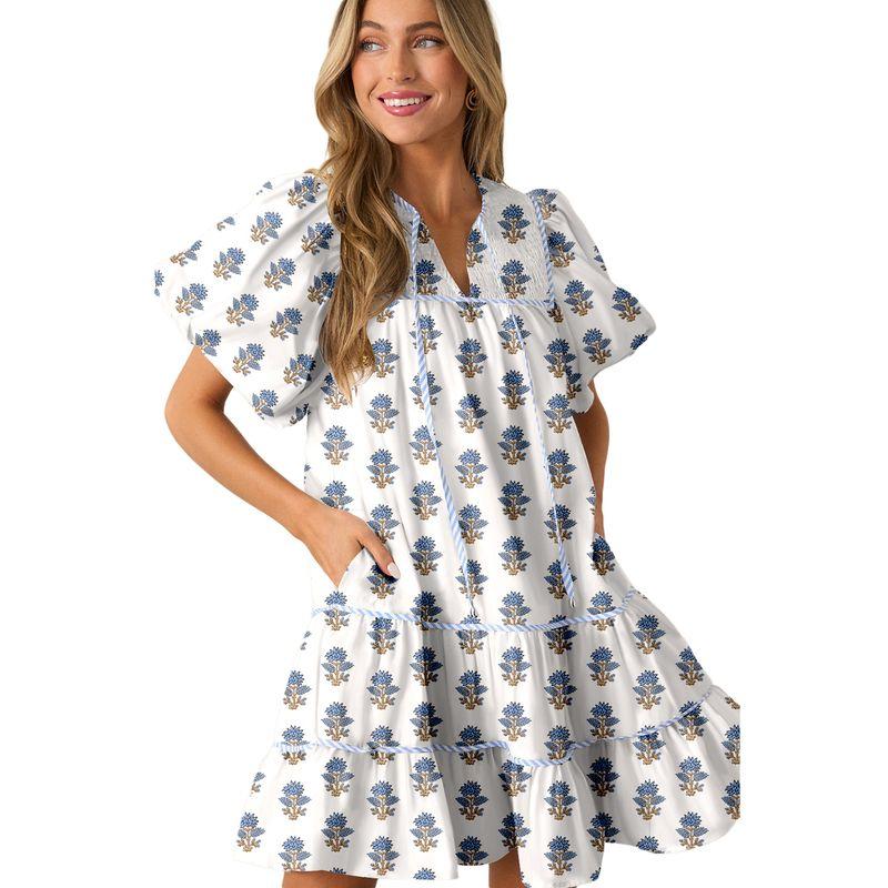 

American Shiying Retro Flower Puff sleeve Dress Women 2025 Summer New High Waist A Word Short dress Women Florals XL code fits (70.00 kg-75.00 kg