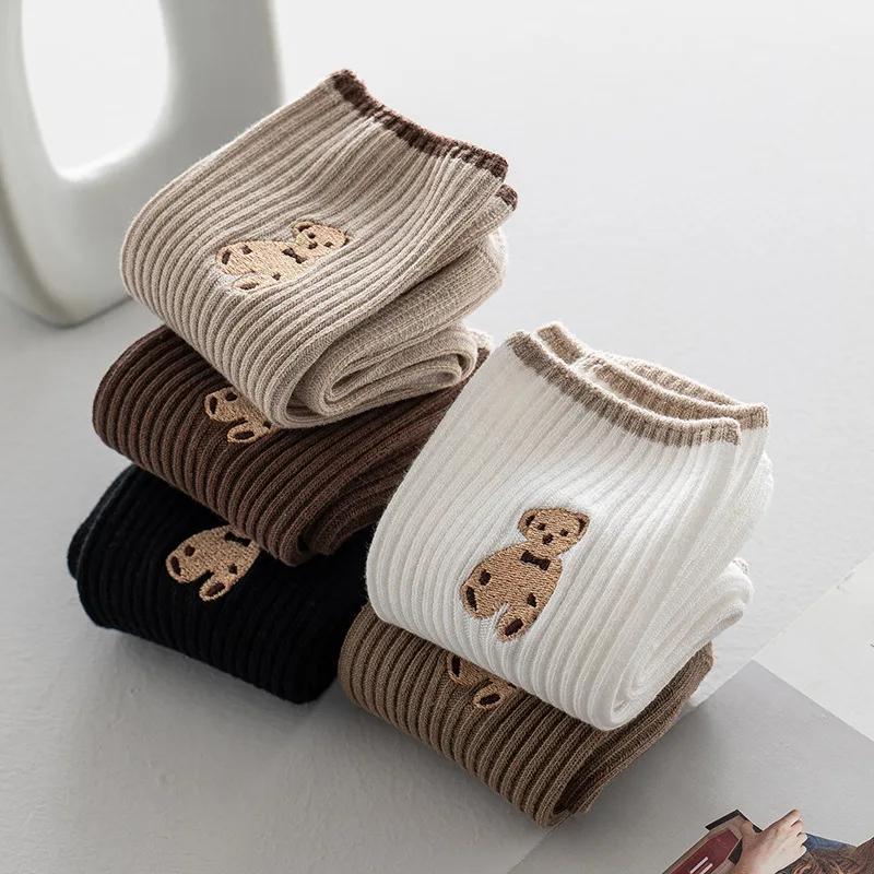 Women'S Cartoon Bear Socks Korean Casual Stockings Soft Cotton Socks Autumn Coffee Stockings Kawaii Women Socks Women Hosiery