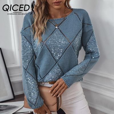 Mode ausgehöhlten Pailletten Strickwaren Frau Herbst Winter Diamant Pullover lose Pullover Frau
