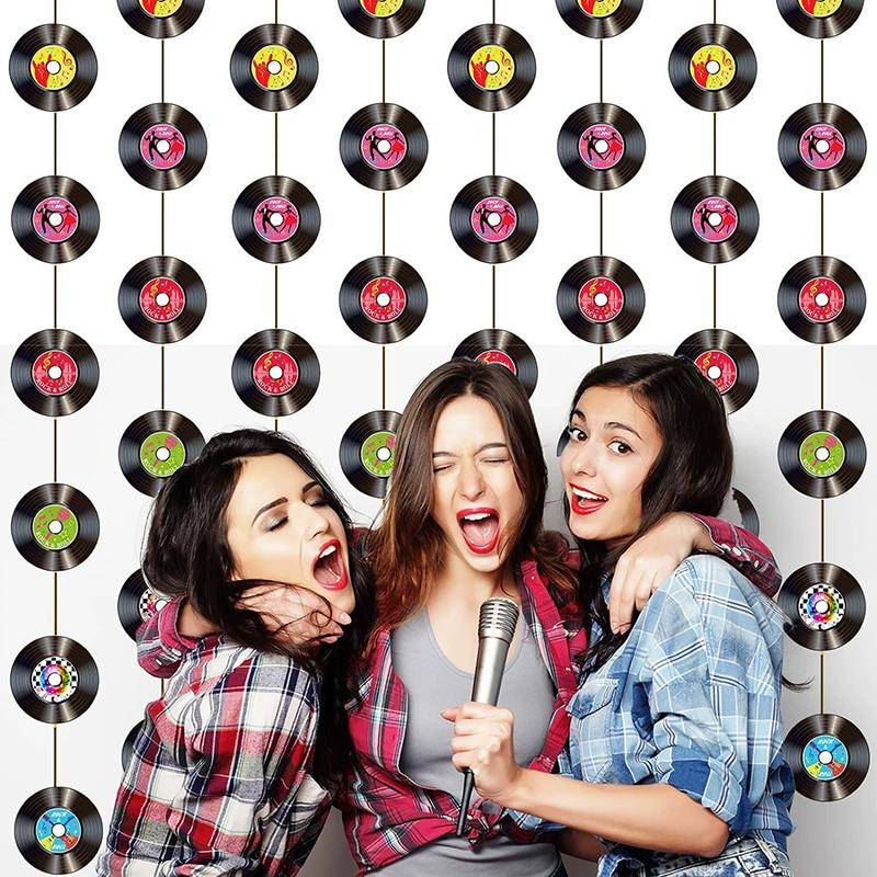 WTEMPO Retro Rock 'n' Roll Themed Party Pull Flags Festive Party Hanging Streamer with Vinyl Record Design DIY Durable Paper Banners Activity Supplies