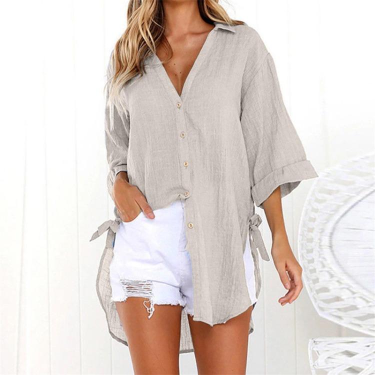 Women Casual Long Sleeve Shirt Loose Lace-up Button Lapel Side Knotted Top
