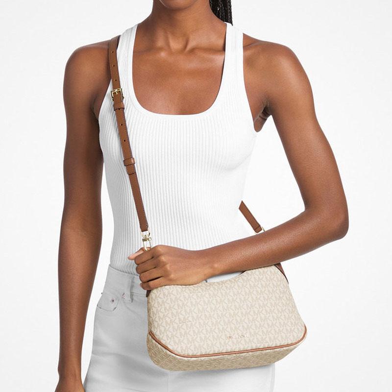Michael Kors Jet Set Zipper Closure Faux Leather Shoulder Bag Medium Women's Vanilla White and Acorn Brown