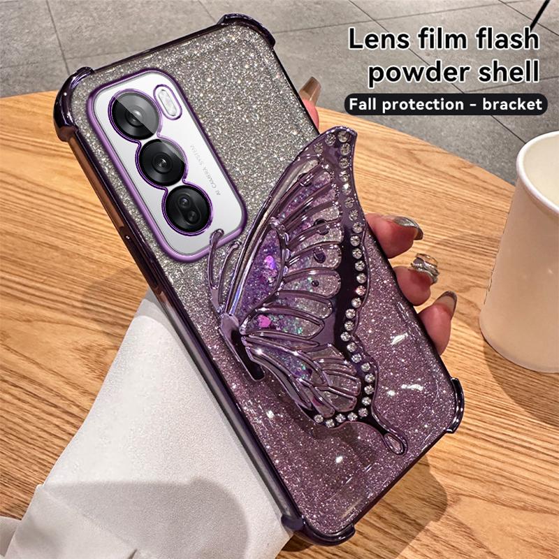 Glitzer Stoßfest Verchromung Treibsand Schmetterling Handyhalter Hülle für OPPO Reno 14 14F 13 13F 12 12F 11 11F 10 Pro Silikonhülle