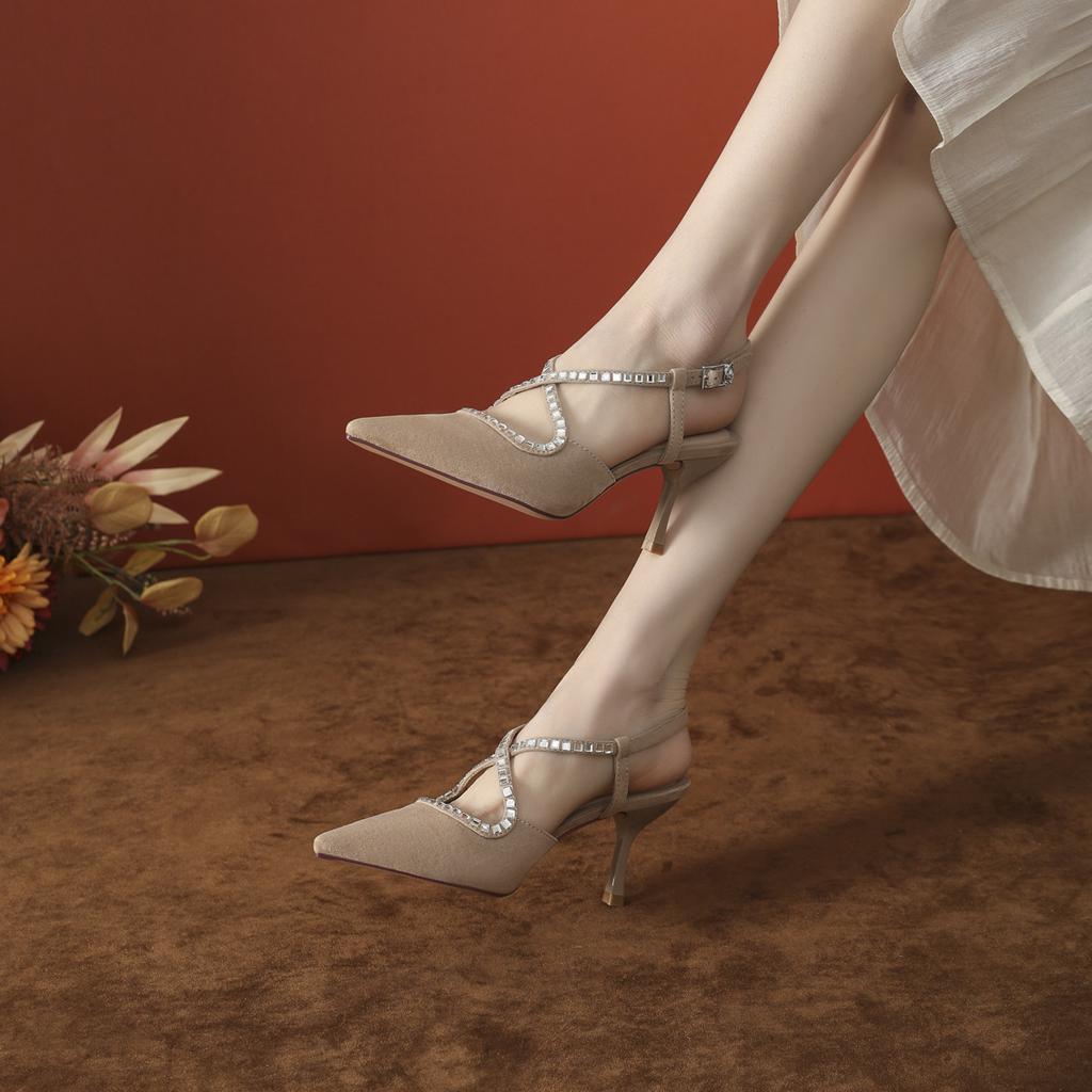 Baotou Pointed Single Shoes Women's Design Sense Niche, New Suede Rhinestone Word with High Heel Sandals Stiletto