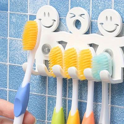 1pc Cute Cartoon Smile Face Toothbrush Holder, Wall-Mounted Suction Cup Bathroom Organizer, Non-Scented Plastic Bathroom Accessory