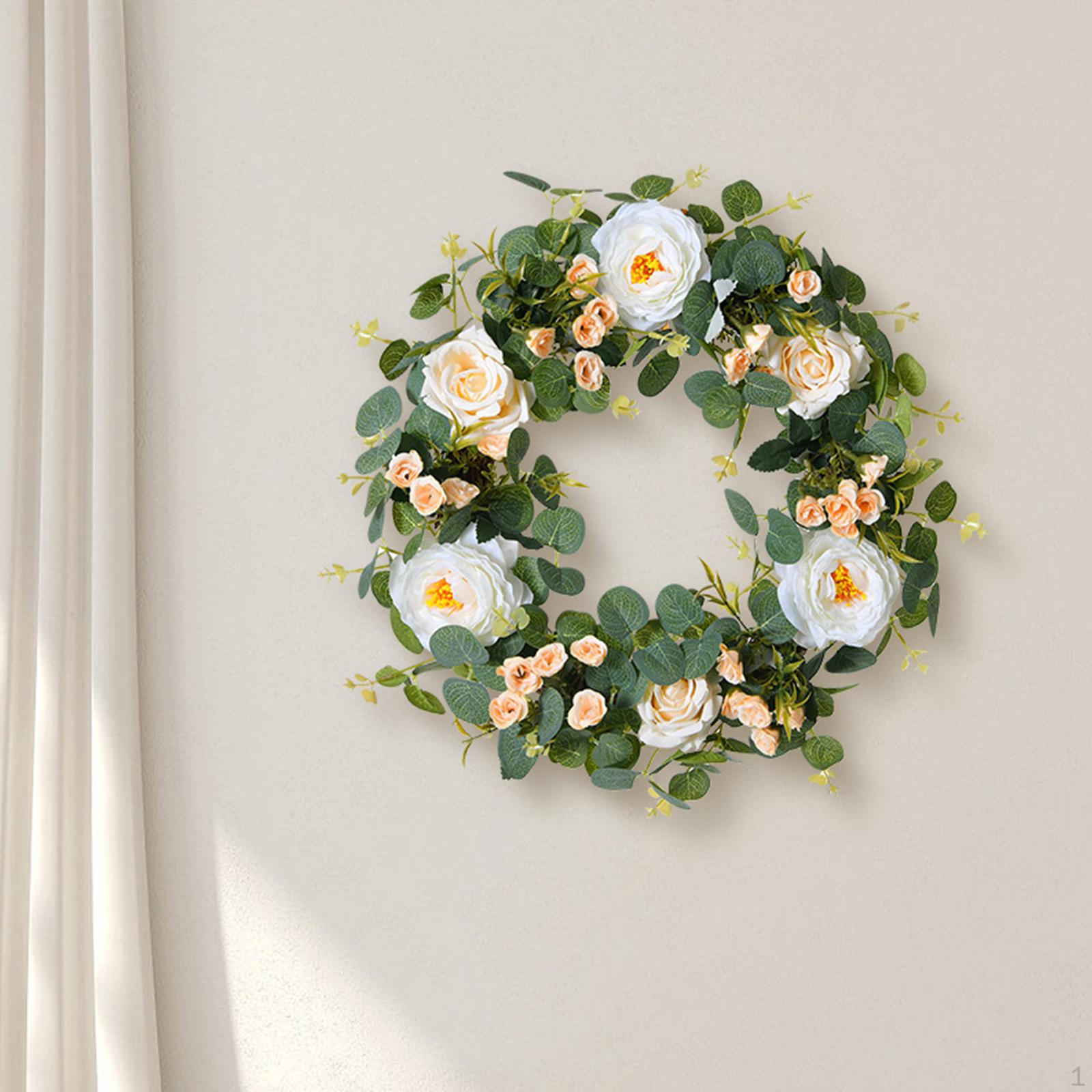 Spring Summer Greenery Wreath, 16 inch Artificial Roses Wreaths, Silk Garland Handmade Door Wreath