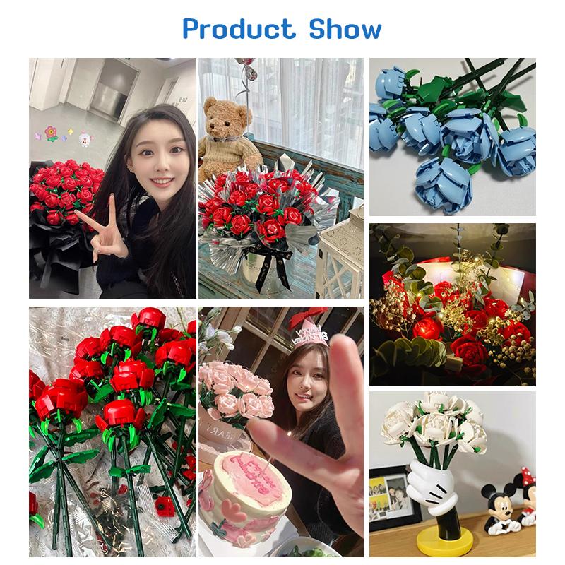 Creative Romantic Rose Flower Home Desk Plant Bouquet Decoration Building Blocks Bricks Birthday Valentine's Day Gifts for Girls Lover Lady
