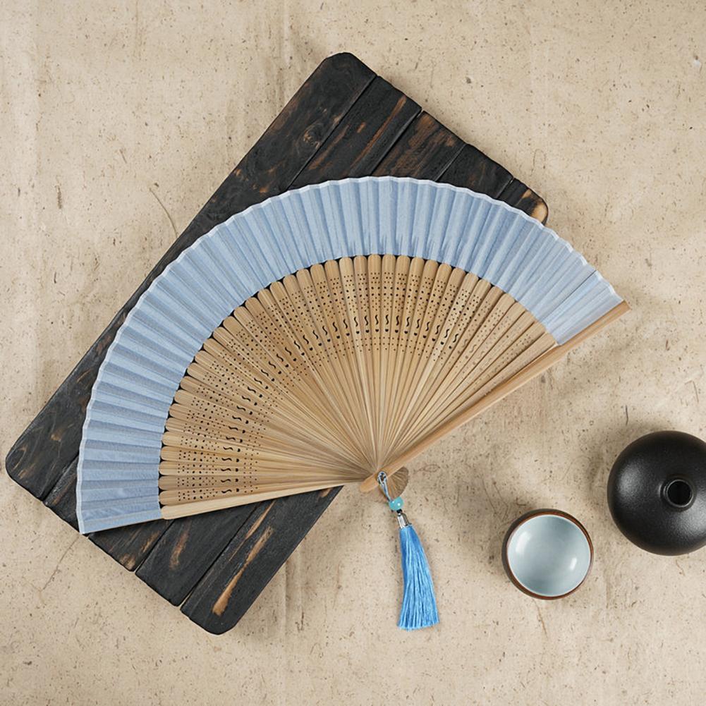 Women Folding Fan Chinese Style Dancing Fan Tassels Bamboo Carving Handle Handheld Performance Fan Photo Prop Abanico De Mano
