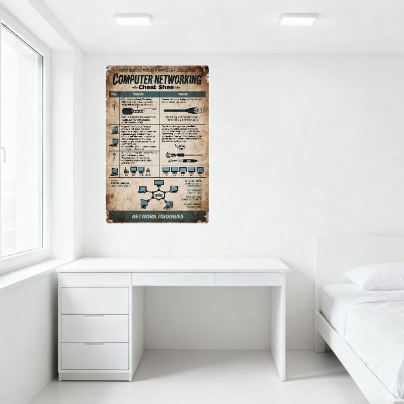 Vintage Computer Networking Cheat Sheet Metal Tin Sign - Network Topologies/Connectors/Fiber Optic Reference Poster for Man Cave