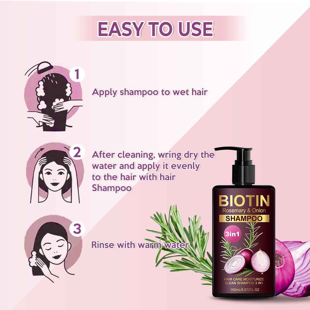 Biotin, Rosemary and Onion Shampoo 3 IN 1 Shampoo-Deeply Clean and Moisturize Hair Dirt & Oil, Strengthens Hair,Reduce Hair Breakage,150ml