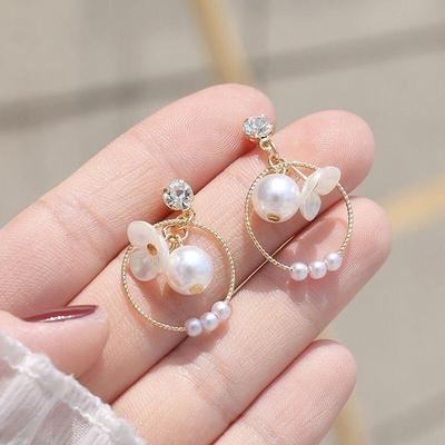 Crystal Shell Flower Imitation Pearl Drop Earrings for Women Geometric Round Personality Jewelry Christmas Girl Friend Gift
