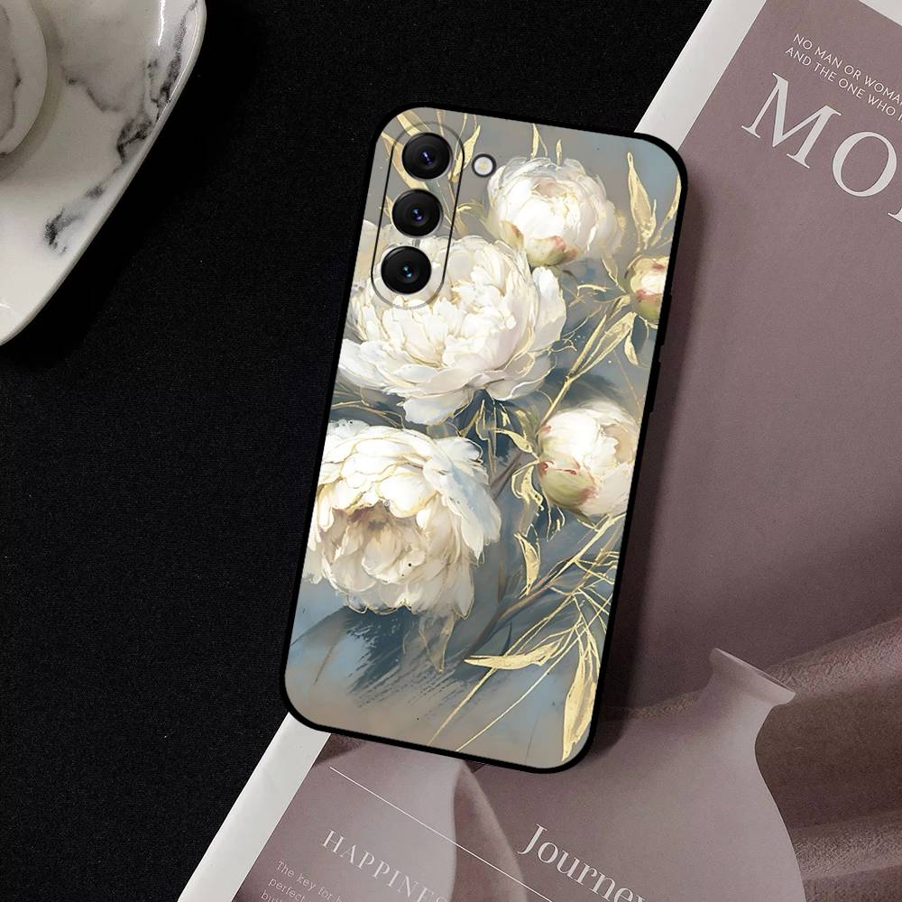 

E-Elegant-P-Peony Flower Phone Case For Samsung S24, S25 22,30,Note20,Lite,Ultra,5G,Plus,FE Black Cover S25ULTRA