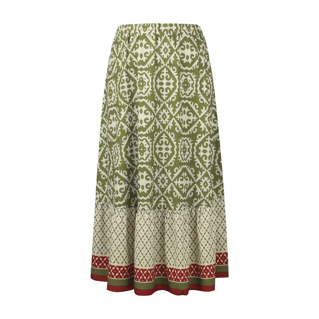 Women's Fashion Bohemian Print Elastic Waist Skirt Loose Casual High Waist Large Hemline Skirt