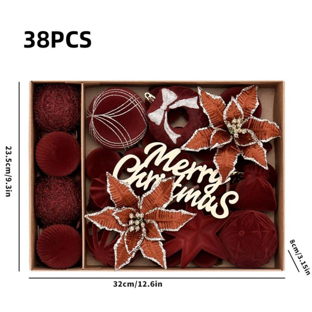 Christmas Decorations 38PCS Flocked Christmas Flowers Christmas Ball Set Christmas Tree Ornaments Velvet Christmas Ball