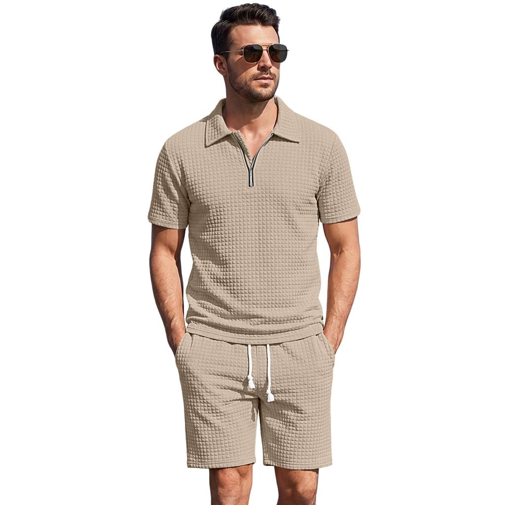 Men's Summer American Style Small Checkered Casual Set, Loose and Breathable Short Sleeve Top and Shorts Two-Piece Outfit