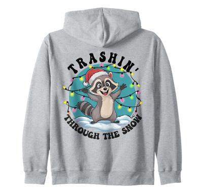 Trash Can In the Snow Cute Christmas Raccoon Santa Hat Zip Hoodie