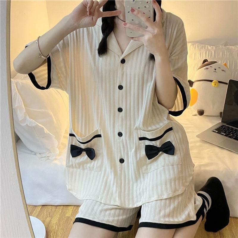 Letní pyžamo Dámské šortky s krátkým rukávem Mašle Volný Cardigan Léto lze nosit jako sadu domácího oblečení