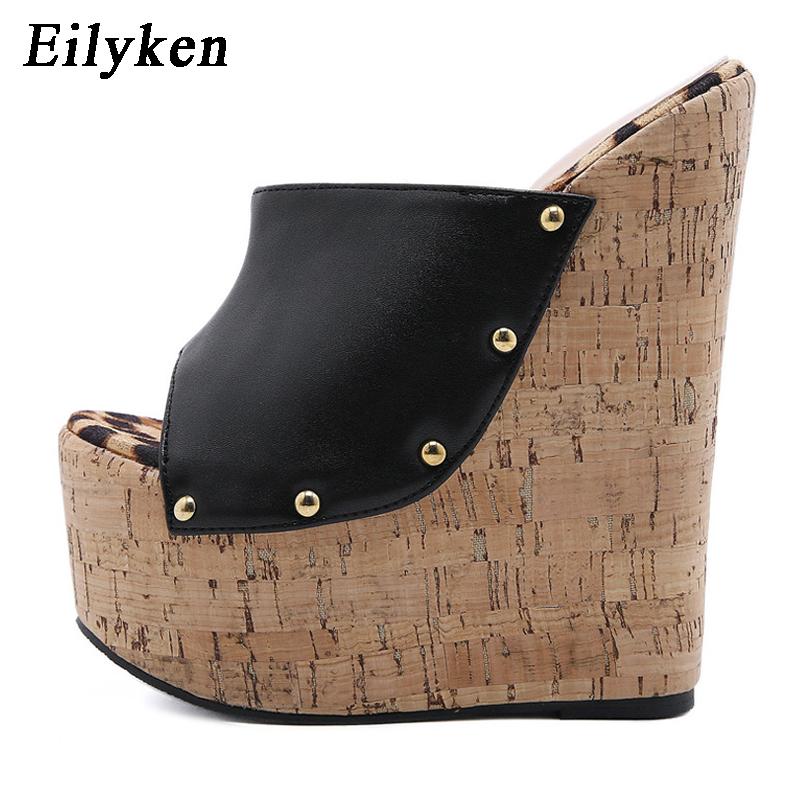 Rivet Peep Toe Platform Wedge Slippers Black Summer Shoes Woman Sexy Super High Heels Mules Sandal Size 35-42