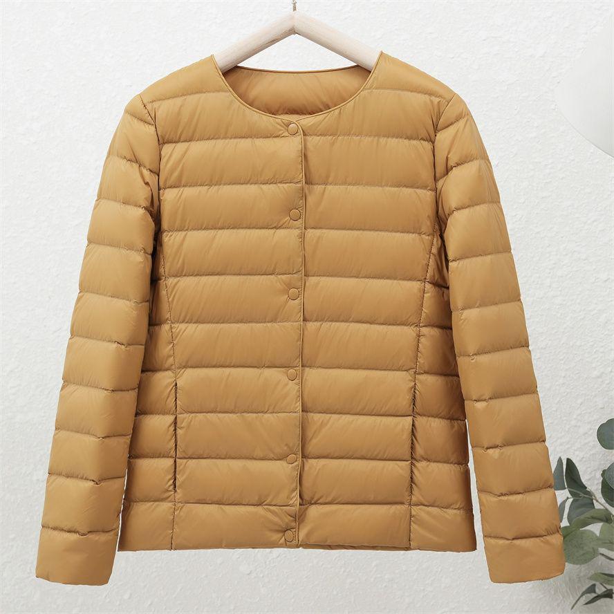 Women's 90% White Duck Down Lightweight Short Jacket - Round Neck, Solid Color, Warm and Collarless for Autumn/Winter