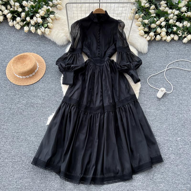 New Heavy Craft Lace Embroidery Hollow Out Party Evening Long Dress Women's Stand High Waist Lantern Sleeve Dresses Holiday