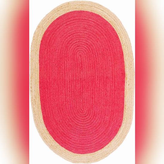 Aizza Trends Indian Handmade Braided Inner Red Natural Jute Area Rug- Jute Rug- Dining Room- living room