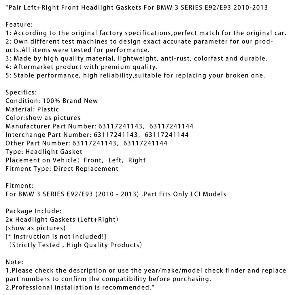 Pair Front Headlight Gaskets For BMW 3 SERIES E92/E93 2010-2013