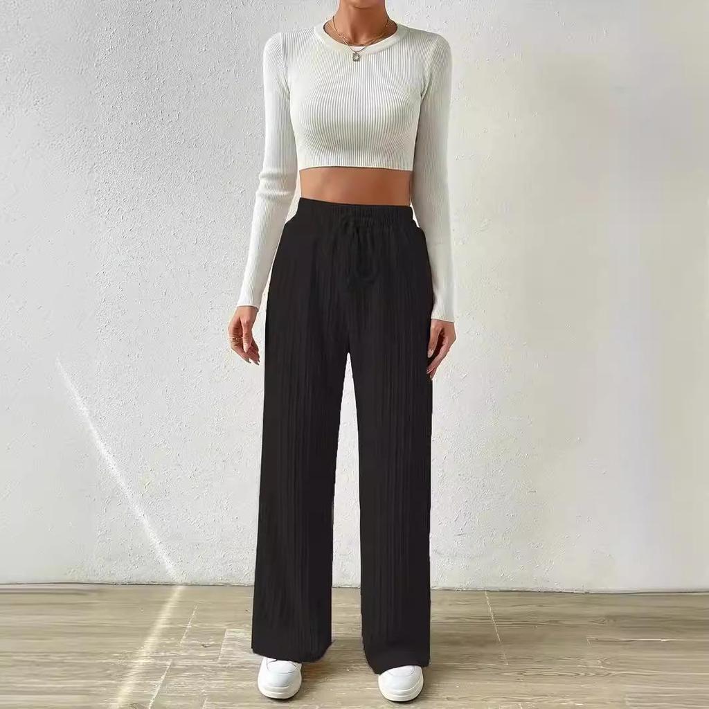 2024 Women's Textured Knit Wide-Leg Pants - Elastic High Waist, Tie Waist, Solid Color, Casual Loose Fit