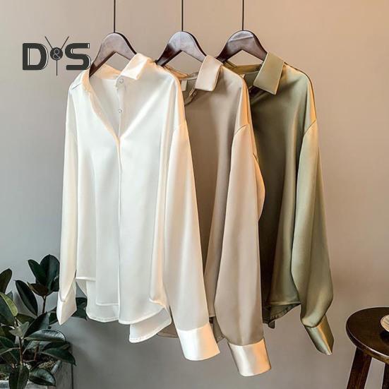 Damen-Hemd mit Revers, langärmelig, einreihig, Oberteile, einfarbig, glatter Satin, lockere Passform, vielseitiges Hemd