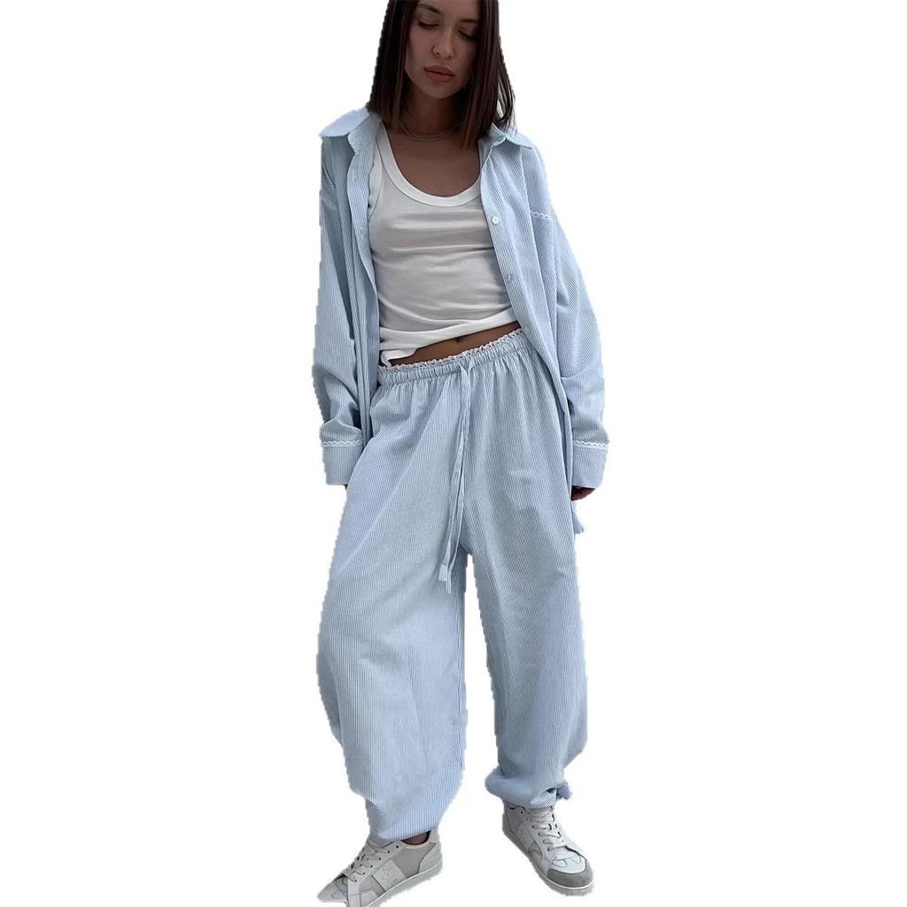 Spring New Women Vertical Stripe Shirt + Drawstring Pants Two Piece Set, Casual Striped Outfit Suits For Women