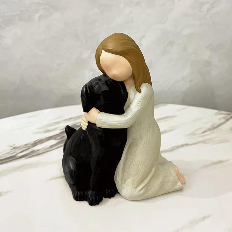 Statua in Resina Minimalista Ragazza Senza Volto & Cucciolo Decorazione Figurine Animale Domestico Dolce per Davanzale Scrivania Interni Casa di Campagna Accento Tavolo