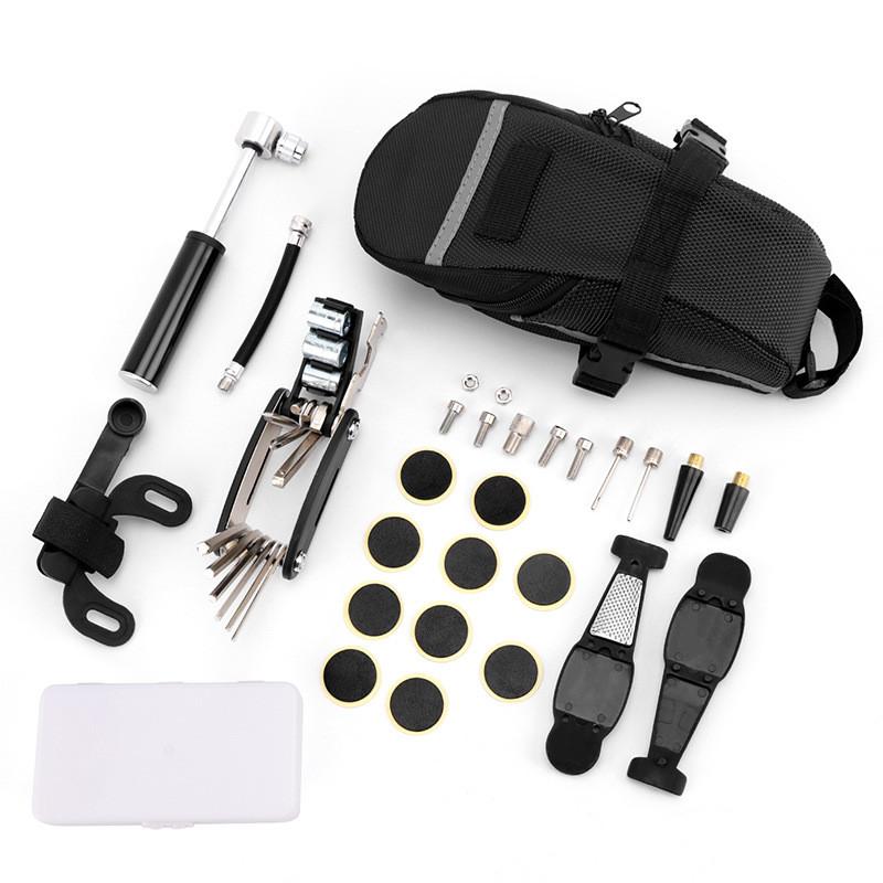 Bicycle Repair Tool Set With Tire Patch Kit And Pressure Gauge For Home Maintenance