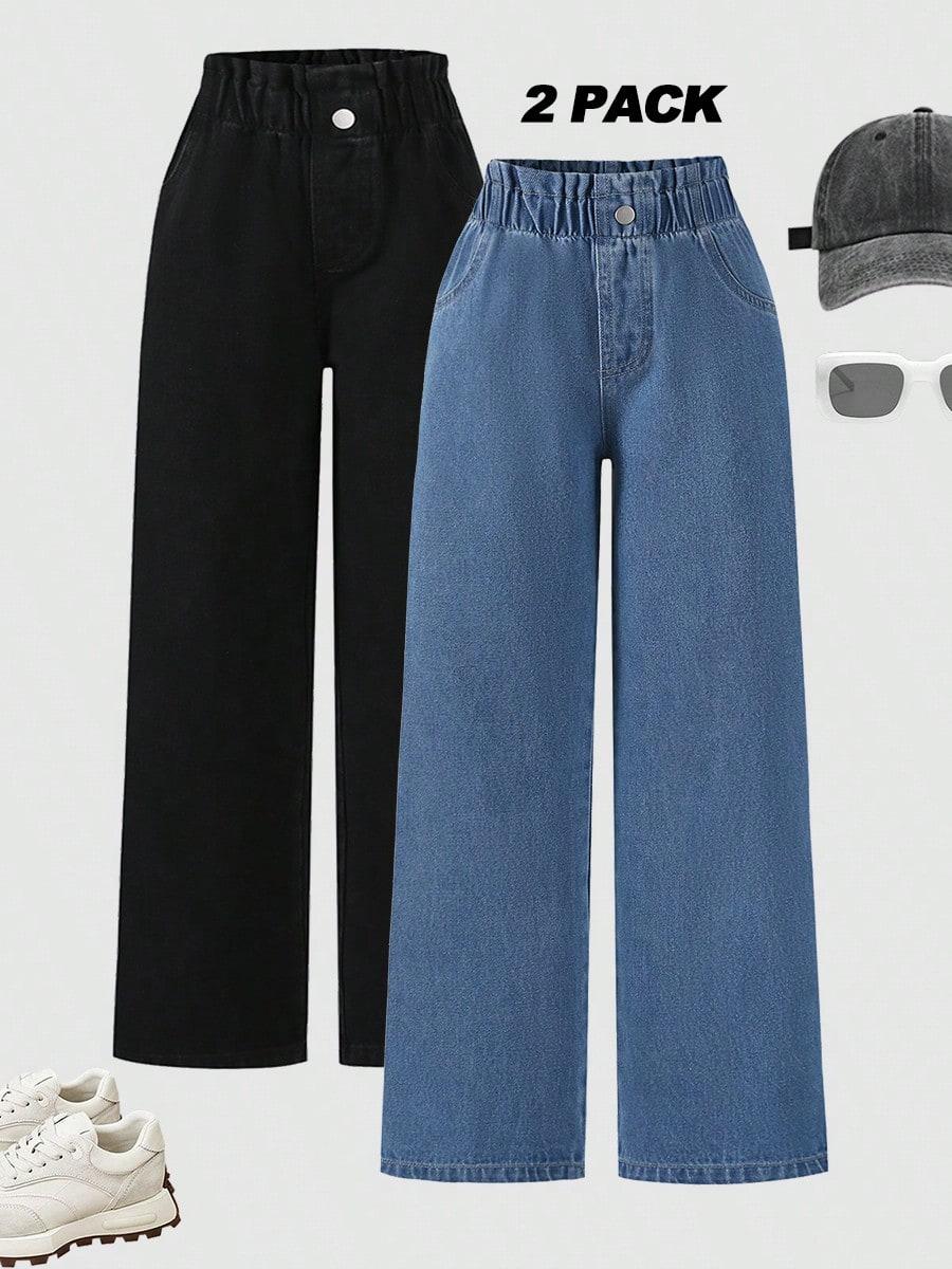 

Two-pack of stylish, casual, simple, and comfortable black and blue denim straight-leg trousers for older girls, new spring/summer arrival. 8Y разноцветный