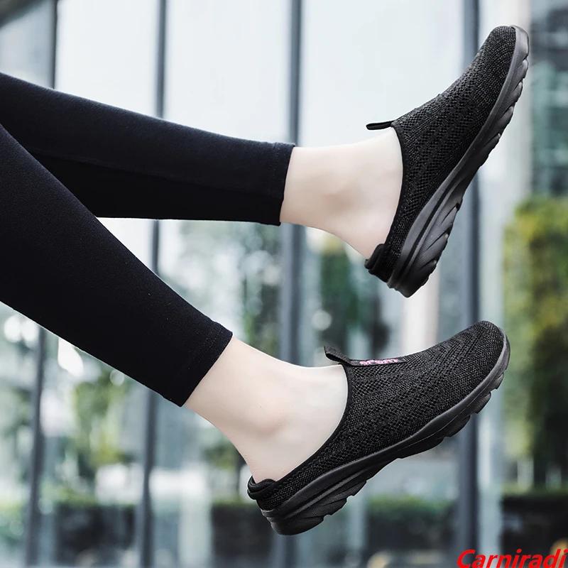Lightweight Trend Flying Woven Half Slippers Women Flying Weave Breathable Baskets Casual Sneakers Ladies Non-slip Walking Shoes
