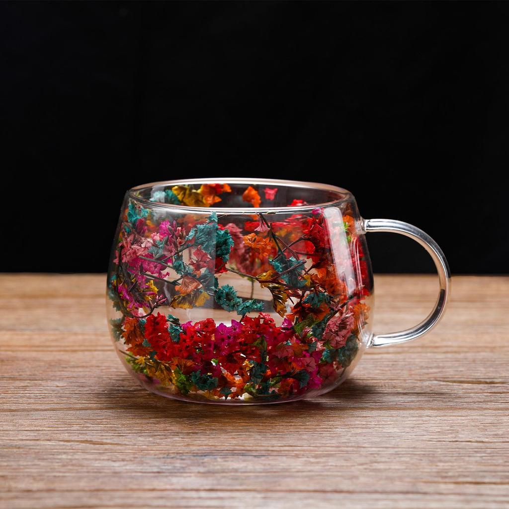 Creative Double-Layer High Borosilicate Glass Cup with Real Dried Flowers, Ideal for Milk or Juice