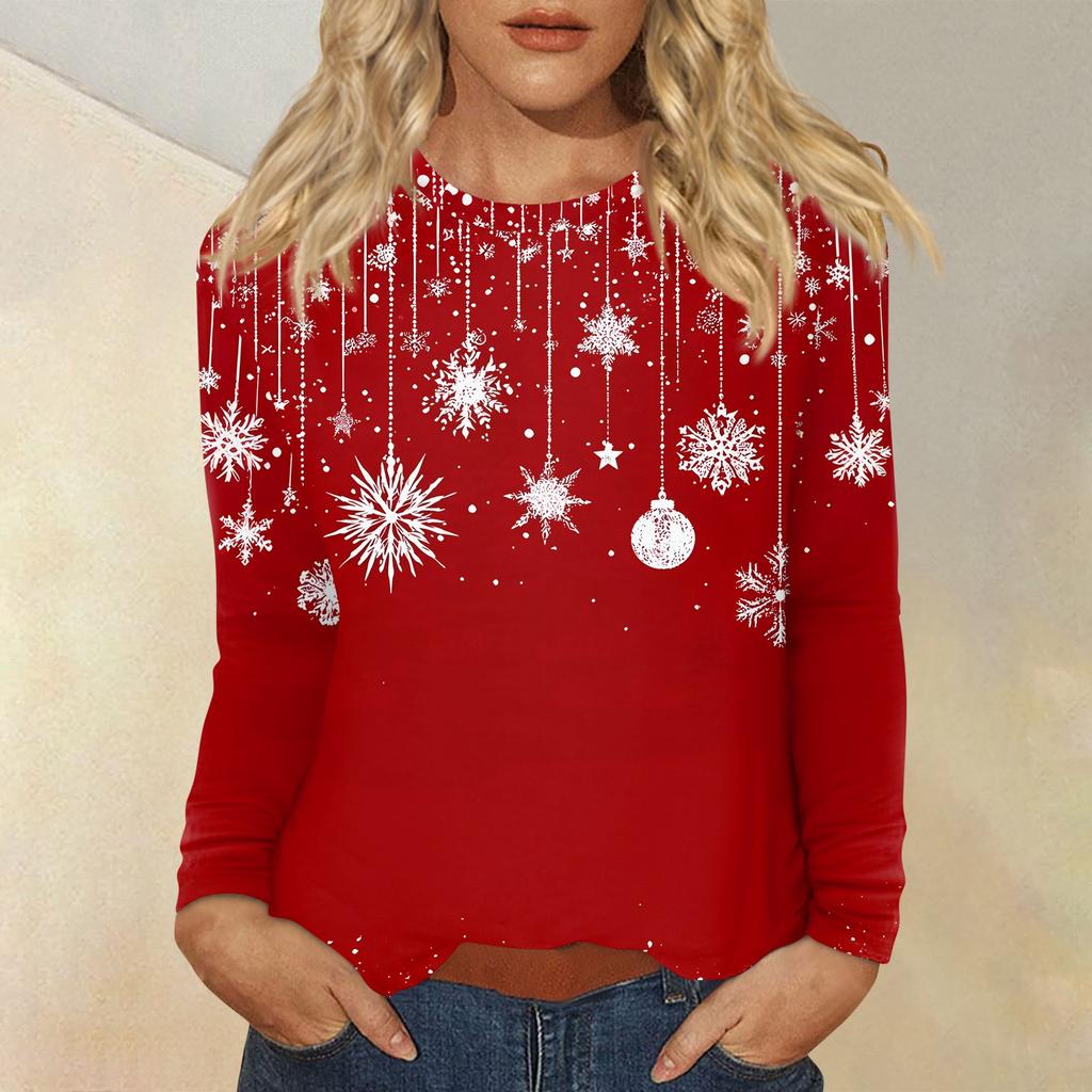 Women's Fashion Casual Christmas Printed Round Neck Long Sleeve Pullover Top