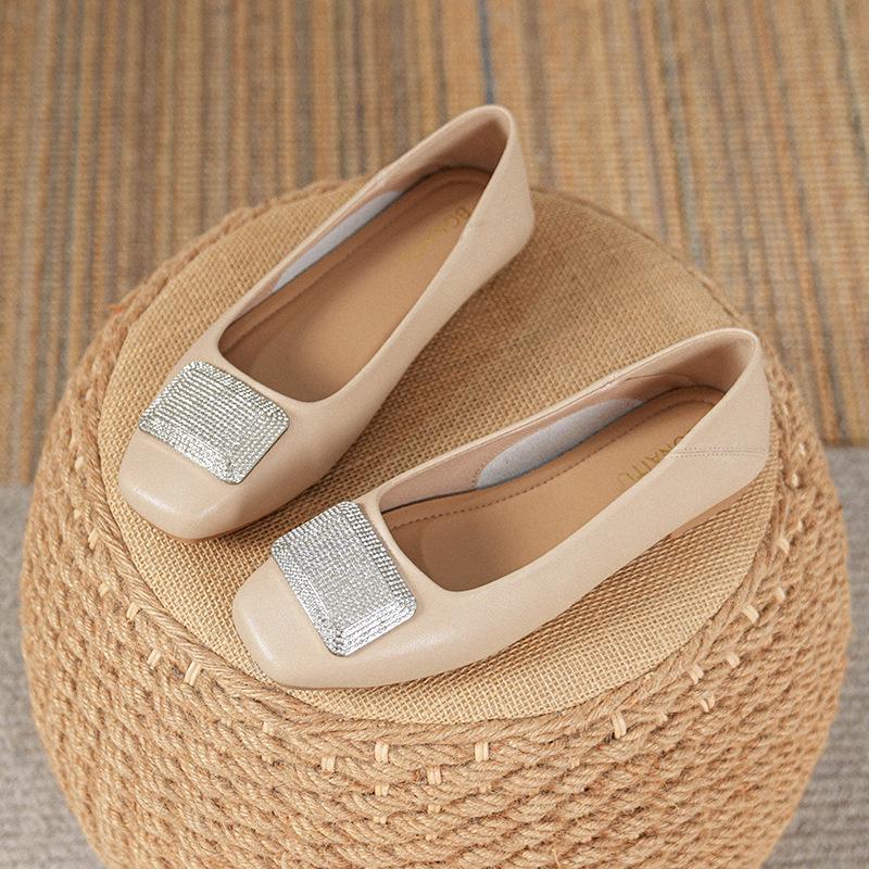 Women's Genuine Leather Flat Shoes - French Low-Cut Square Toe, Soft Sole, Plus Size 41-43, 2025 New Evening Breeze