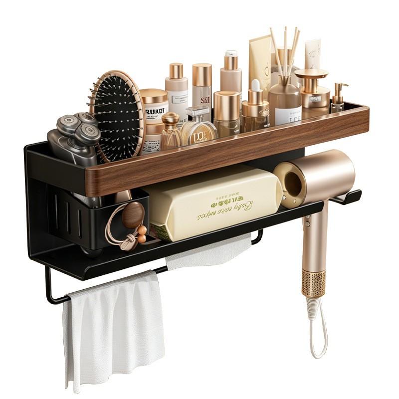 Walnut Bathroom Shelf Hair Dryer Holder Toilet Vanity Towel Storage Rack