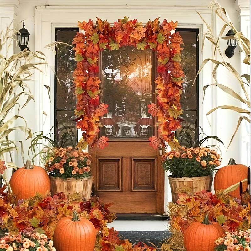1PC Extra Long 78.74 Faux Maple Leaf Wreath - Realistic Fall Shades Red, Orange & Yellow Green | Heavy Duty Plastic Branches Vines