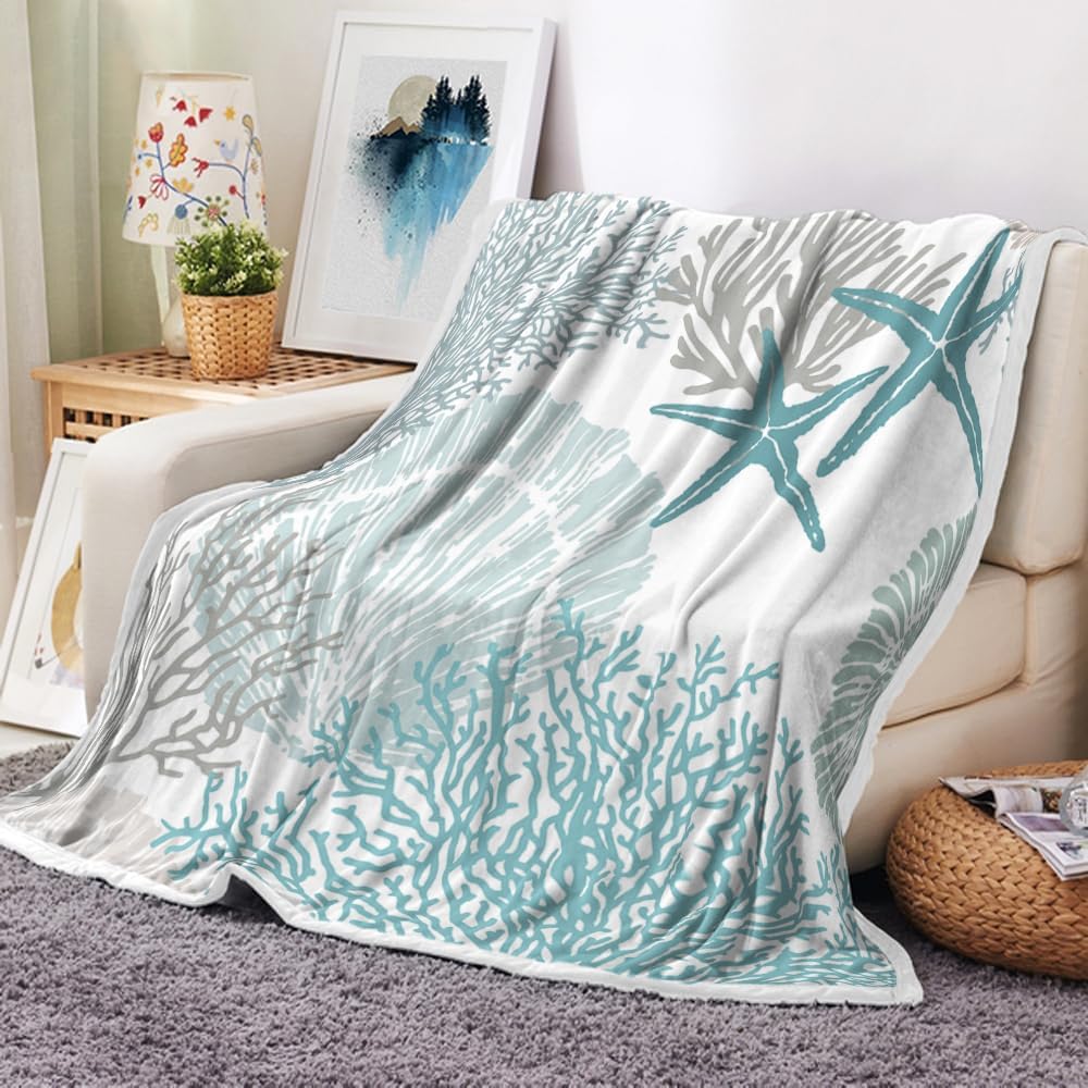 Плед NYMB  Коралловые Ракушки и Морские Звезды , Плед в Прибрежном Океаническом Пляжном Стиле, Мягкий Плед для Детей, Синий, Декоративный, Уютный Фланелевый Плед для Летнего Дома