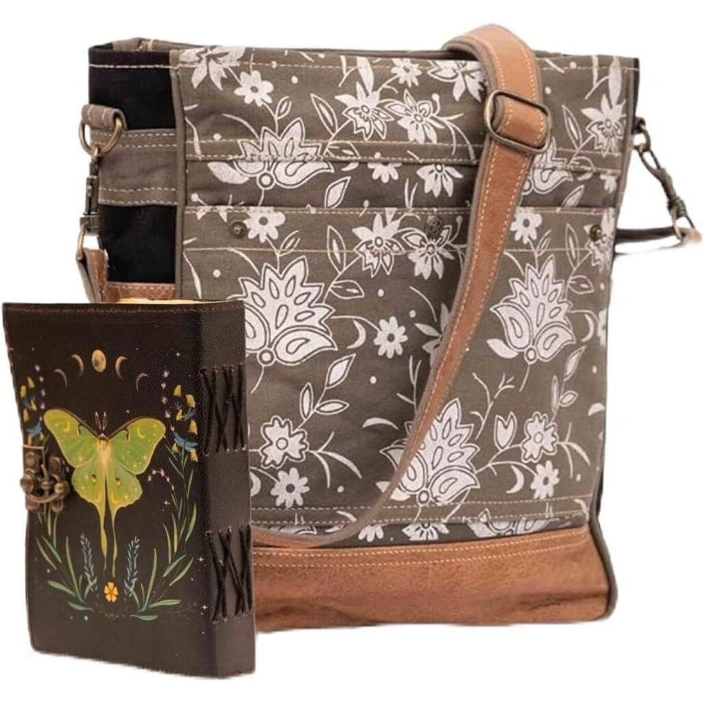 Bags Sel De Mer Upcycled Canvas Crossbody Bag for Women and Leather Journal Luna Moths and Morpho Butterfly Print Diary Perfect Present