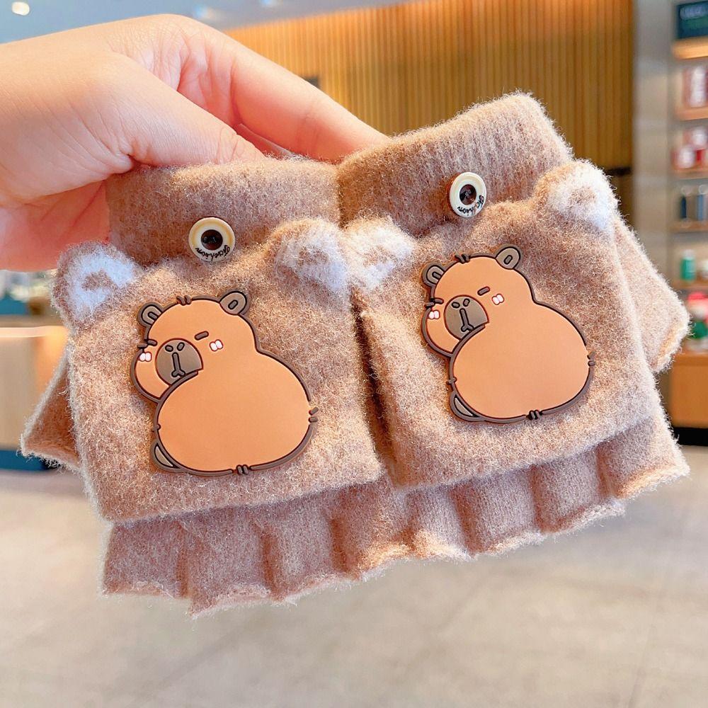 Cute Capybara Half Finger Gloves 6-10 Years Old Winter Flip Gloves New Writing Gloves Outdoor