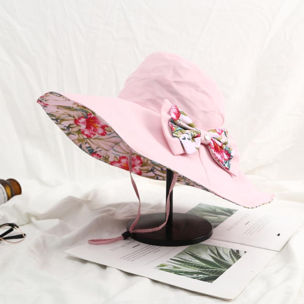 Bowknot Sun Protection Cap Double Side Wear Fisherman Hats Floral Collapsible Sunhat  Outdoor