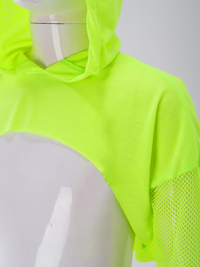 Kids Girls Long Sleeve Fishnet Cropped Hoodie Sheer Mesh Pullover Hooded Cover Up Dance Crop Top