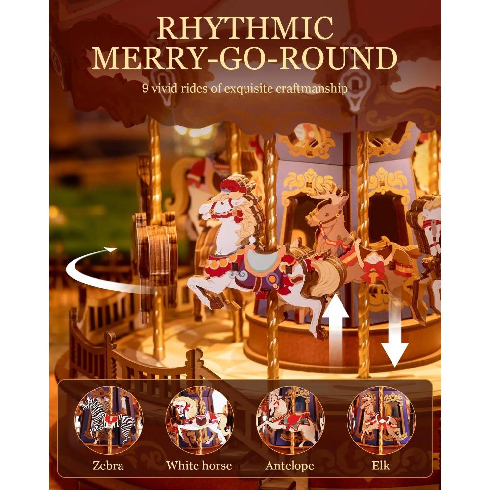 Rolife Klassische Karussell-Spieluhren Einfach zu montieren 3D-Holzpuzzle Bewegliches Design mit Licht Weihnachtsgeschenke für die Familie