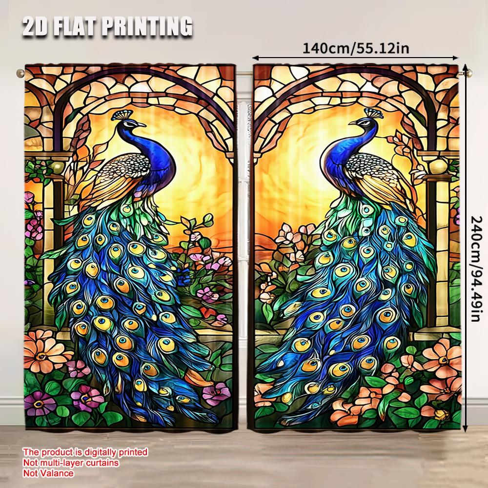 Set Of 2 Peacock Flower Glass Window Painted Curtains Suitable Multiple Rooms Bedroom Office Kitchen Living Room Study Bathroom Made Polyester Great