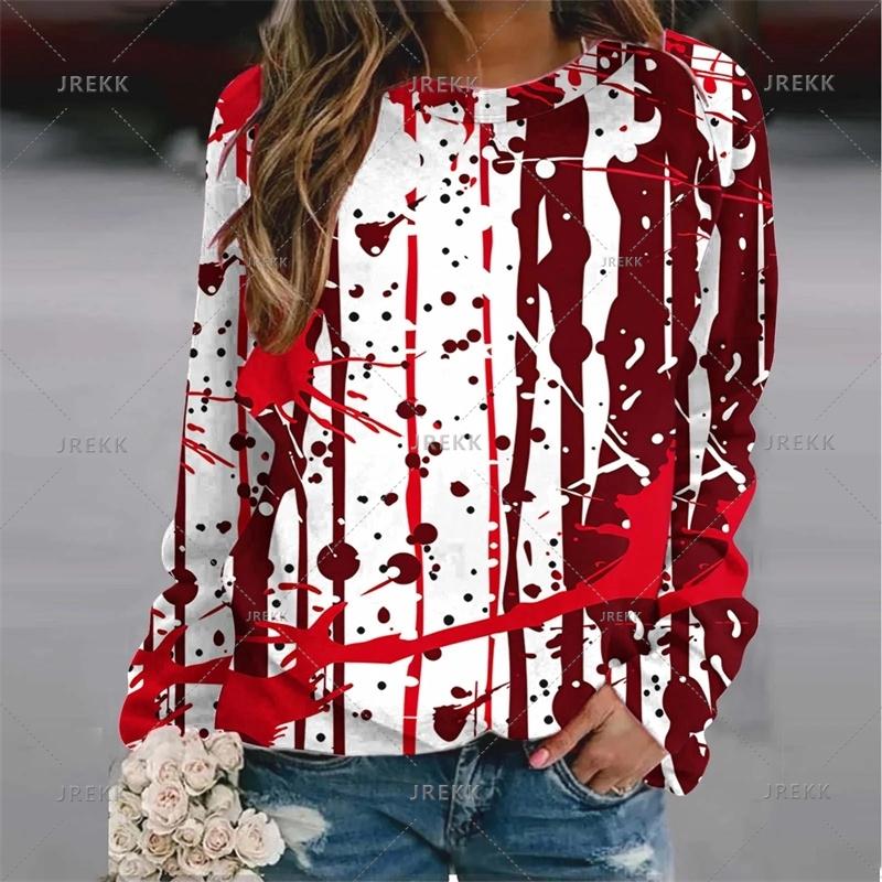 Harajuku 3D Horror Halloween Print Sweatshirts Red Bloody Patterns Graphic Round Neck Hoodies Women Fashion Clothing Sweatshirt