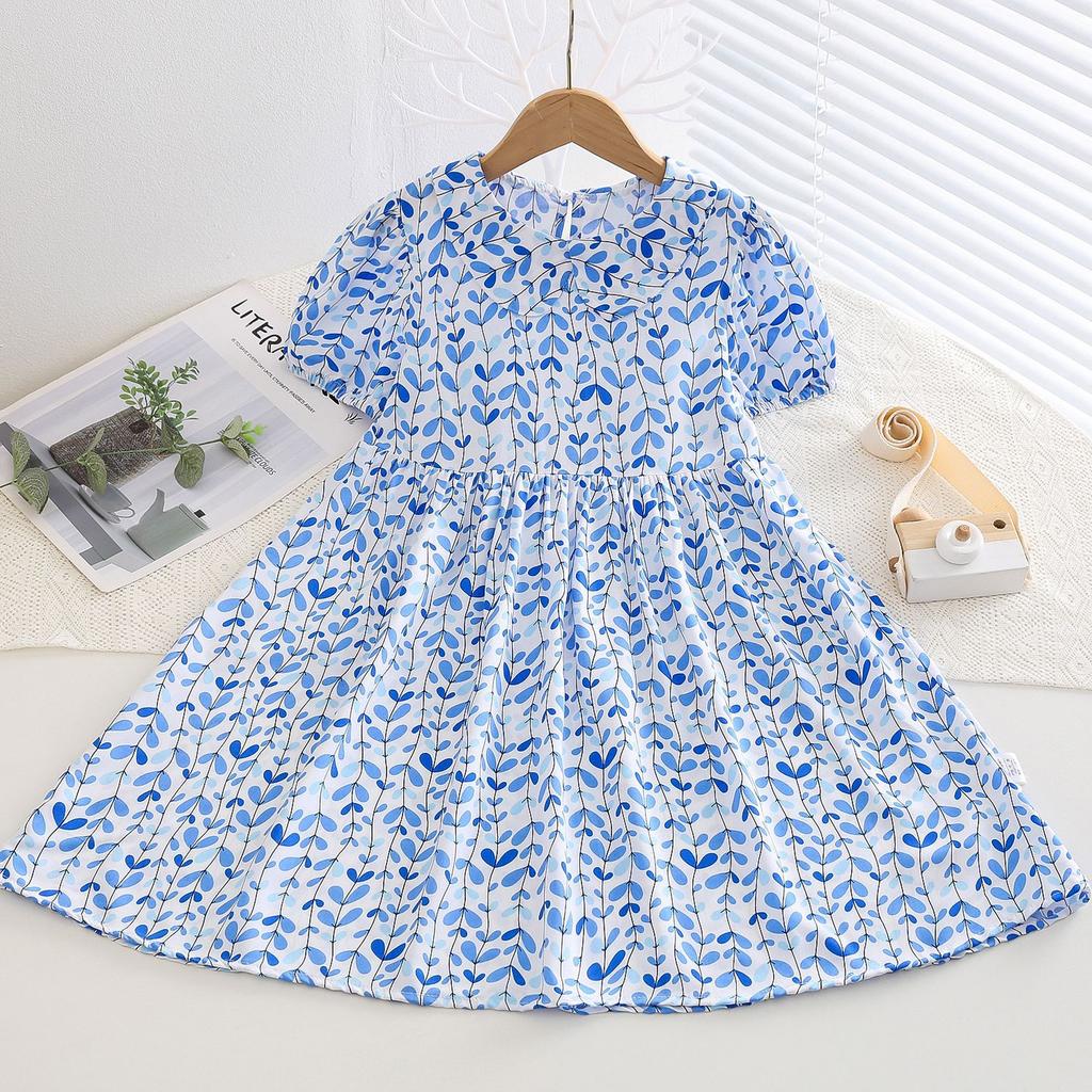 Resort Style Children's Clothing Summer Style Children's Cotton Silk Doll Collar Princess Dress Girls Artificial Cotton Floral Dress